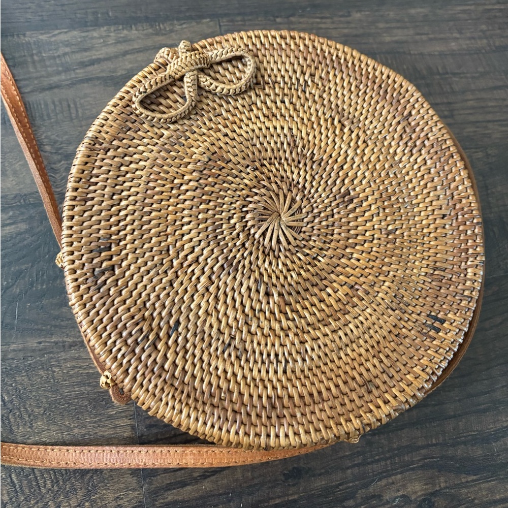 Round Woven Rattan Tan Crossbody Bag